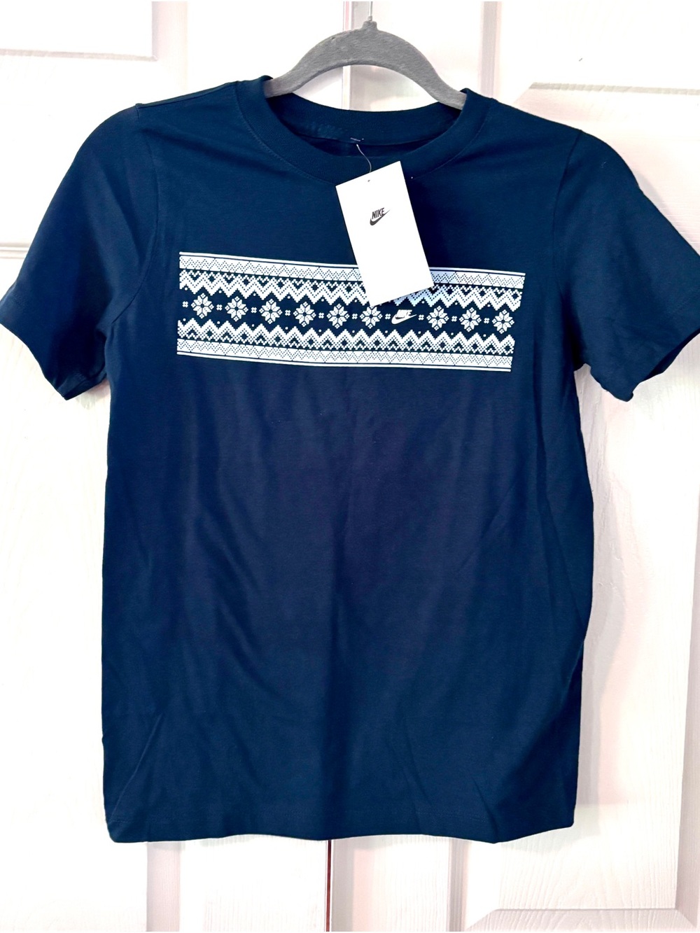 Nike Tee Blue Fair Isle Graphic Print Crew Neck Short Sleeve T-Shirt M Navy NWT